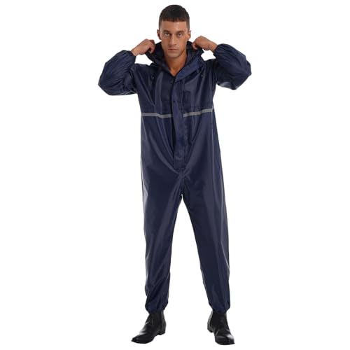 inlzdz Herren Overall Wasserdichter Regenoverall Regenmantel Reflective Reinigungsoverall mit Reißverschluss Langarm Hooded Raincoat Arbeitskleidung Dunkelblau 3XL von inlzdz