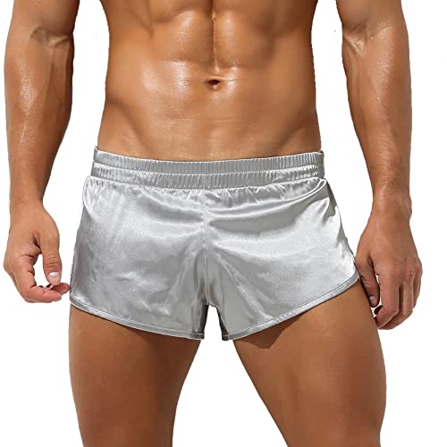 inlzdz Herren Satin Boxershorts Kurz Schlafanzughose Pyjamahose Schlitz Sommer Schlafhose Höschen Trunk Freizeithose Schlafanzug Lounge Shorts Grau XL von inlzdz