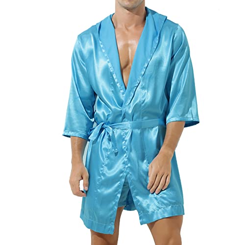 inlzdz Herren Satin Morgenmantel Kimono Bademantel Kurz Nachtwäsche Robe Strickjacke Cardigan mit Kapuze Japanische Pyjamas V Ausschnitt mit Shorts und Gürtel Blau M von inlzdz