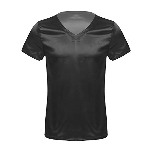 inlzdz Herren Satin Unterhemd Kurzarm T-Shirt V-Ausschnitt Schlafshirt Schlafanzug Nachtwäsche Seide Hausanzug Sleepwear Loungewear Schwarz L von inlzdz