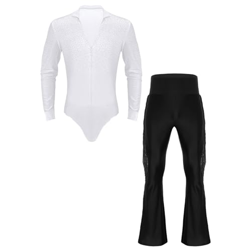 inlzdz Herren Standard Tanz Kostüm Zweiteiliger Tanzanzug Langarm Hemdbody Trikot mit Tanzhose Schlager Jazz Latein Tanz Outfit Weiß&Schwarz XL von inlzdz