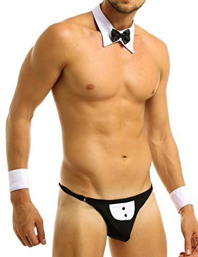 inlzdz Herren Stripper Set Chippendales Kostüm Fliege Manschetten Tanga Kellner Kostüm Smoking Dessous Set Rollenspiel Party Schwarz&Weiss L von inlzdz