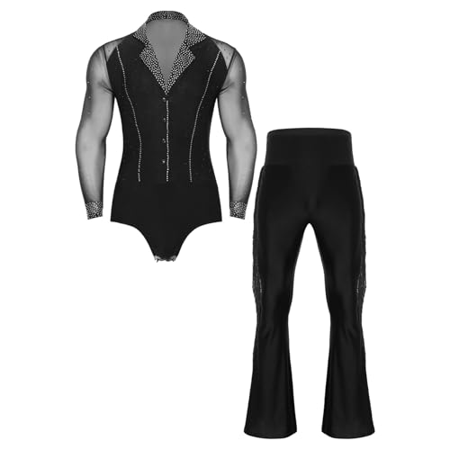 inlzdz Herren Tanzbody Tanzhemd Langarm Hemdbody Glitzer mit Schlaghose Tanzhose Männer Latein Tango Standard Dance Outfit Schwarz M von inlzdz