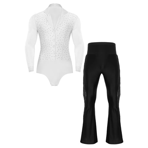 inlzdz Herren Tanzbody Tanzhemd Langarm Hemdbody Glitzer mit Schlaghose Tanzhose Männer Latein Tango Standard Dance Outfit Weiß&Schwarz L von inlzdz