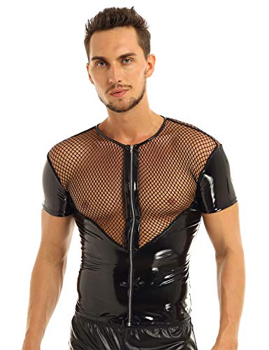 inlzdz Herren Wetlook Transparent Shirt Lack Leder Crop Top Kurzarm Unterhemd Slim Fit Muskelshirt Netz Top Sommer Tanktop Clubwear M-XXL Schwarz Medium von inlzdz