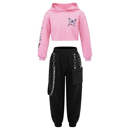 inlzdz Jogginganzug Kinder Mädchen Hip Hop Dance Kleidung Set Hoodie Kapuzenpulli Schmetterling gedruckt Sweatshirt Hose Jogginghose Cargohose für Jazz Tanz Outfits Rosa 122-128 von inlzdz