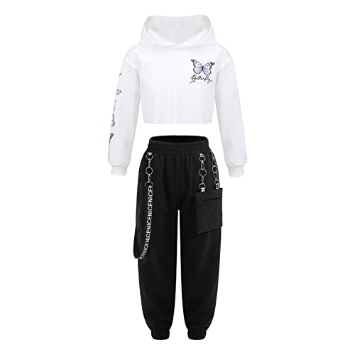 inlzdz Jogginganzug Kinder Mädchen Hip Hop Dance Kleidung Set Hoodie Kapuzenpulli Schmetterling gedruckt Sweatshirt Hose Jogginghose Cargohose für Jazz Tanz Outfits Weiß 158-164 von inlzdz