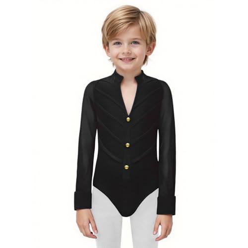 inlzdz Jungen Latein Hemd Tanzshirt Langarm Hemdbody Langarmshirt Trikot Leotard Tanzanzug Kinder Salsa Samba Chacha Moderne Tanz Kleidung Schwarz 158-164 von inlzdz