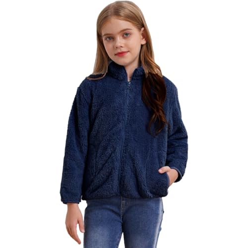 inlzdz Jungen Mädchen Fleecejacke Sweatjacke Langarm Fleece Oberteile mit Reißverschluss Taschen Kinderjacken Kuscheljacke Stehkragen Herbst Winter Oberbekleidung Dunkelblau 146-152 von inlzdz
