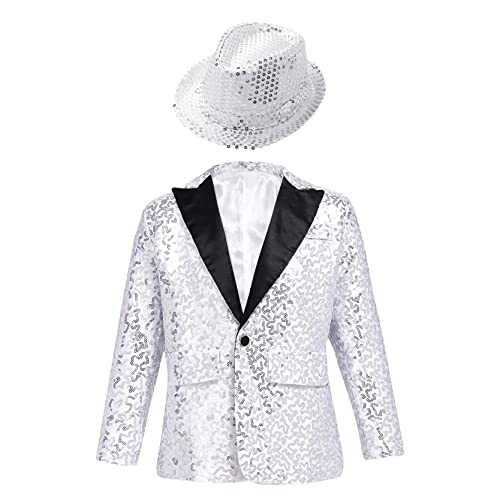 inlzdz Jungen Pailletten Smoking Sakko Jacke mit Hut Gentleman Jacke Smoking Hochzeit Geburtstag Party Outfits Tanzkleidung Performance Party Kostüm Silber 158-164 von inlzdz