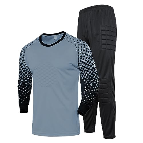 inlzdz Jungen Torwarttrikot Fußball Training Outfit Torwarttrikot + Torwarthose Langarm Laufshirt Trainingsshirt Jogginghose Torwart Trikot Set Grau 170-176 von inlzdz