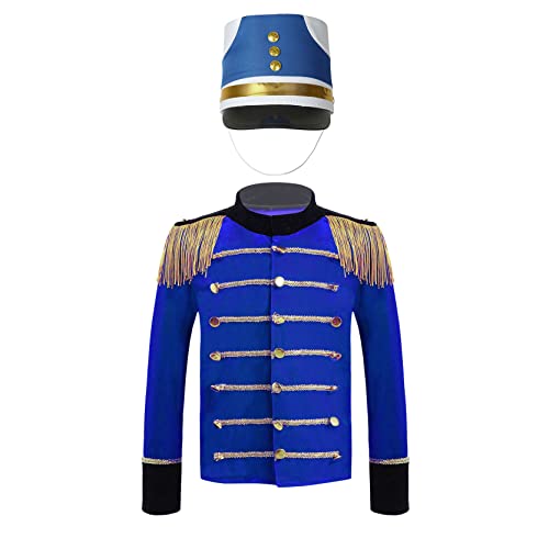 inlzdz Kinder Halloween Karneval Cosplay Königlich Majorette Soldat Kostüm Langarm Quasten Schulter Jacke Mantel mit Hut Marching Band Uniform für Trommel Trompete Team Blau 146-152 von inlzdz