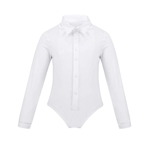 inlzdz Kinder Jungen Hemdbody Bodysuit mit Fliege Langarm Tanzbody Latin Leotard T-Shirt Wickelbody Smoking Body Tanzkostüme Dancewear A Weiß 134-140 von inlzdz