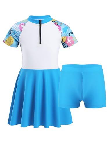 inlzdz Kinder Mädchen Badeanzug Muslim Islamischen Full Cover Bademode Kurzarm Top + Shorts + Badekappe UV-Schutz Burkini Schwimmanzug Type B Blau 134-140 von inlzdz