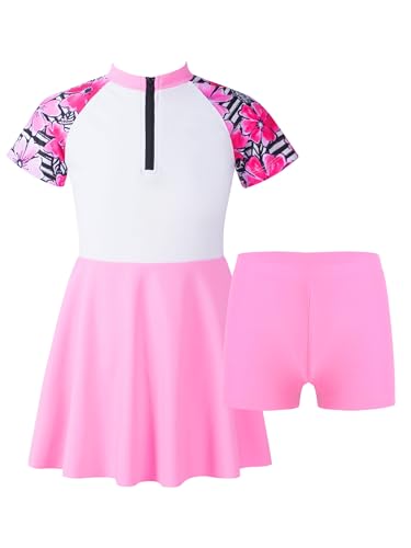 inlzdz Kinder Mädchen Badeanzug Muslim Islamischen Full Cover Bademode Kurzarm Top + Shorts + Badekappe UV-Schutz Burkini Schwimmanzug Type B Floral Rosa 146-152 von inlzdz