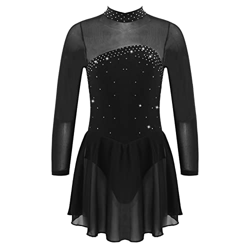 inlzdz Kinder Mädchen Ballettkleid Langarm Ballettanzug mit Strass Professionel Eiskunstlauf Tanzkleid Ballett Trikot Rock Tutu Turnbody Gymnastikanzug Schwarz 134-140 von inlzdz