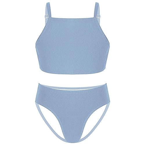 inlzdz Kinder Mädchen Bikini Set Einfarbig Badeanzug Träger BH Top Badeshirt Slip Badehose Tankini Set Bademode Sommer Zweiteiliger Schwimmanzug Dunkelblau 158-164 von inlzdz