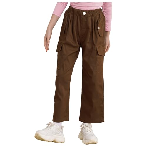 inlzdz Kinder Mädchen Cargohosen Jogginghose Baumwolle Haremshose Trainingshose Cargo Lange Hosen Elastischer Bund Sporthose Sweathose Freizeithose Braun 146-152 von inlzdz