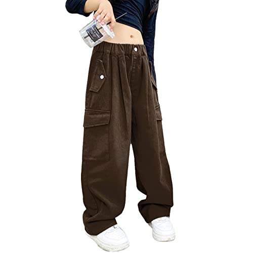 inlzdz Kinder Mädchen Cargohosen Jogginghose Baumwolle Haremshose Trainingshose Cargo Lange Hosen Elastischer Bund Sporthose Sweathose Freizeithose Braun 158-164 von inlzdz