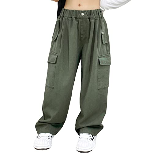 inlzdz Kinder Mädchen Cargohosen Jogginghose Baumwolle Haremshose Trainingshose Cargo Lange Hosen Elastischer Bund Sporthose Sweathose Freizeithose Grün 122-128 von inlzdz