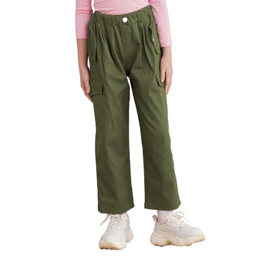 inlzdz Kinder Mädchen Cargohosen Jogginghose Baumwolle Haremshose Trainingshose Cargo Lange Hosen Elastischer Bund Sporthose Sweathose Freizeithose Grün 146-152 von inlzdz