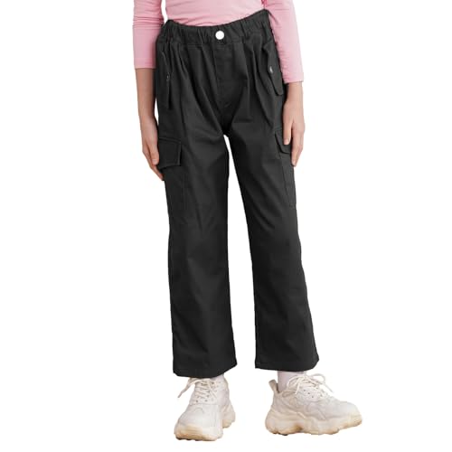 inlzdz Kinder Mädchen Cargohosen Jogginghose Baumwolle Haremshose Trainingshose Cargo Lange Hosen Elastischer Bund Sporthose Sweathose Freizeithose Schwarz 146-152 von inlzdz