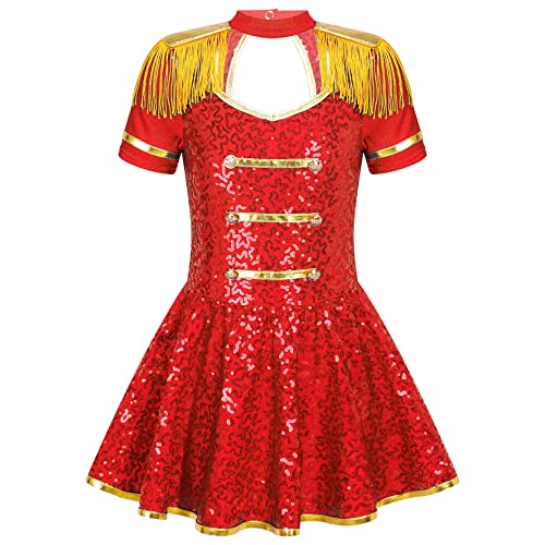 inlzdz Kinder Mädchen Ehrengarde Zirkus-Kostüm Pailletten Tanzkleid Prinzessin Kleid mit Innnen Slips Zirkus Cosplay zu Kinder Mottoparty Fasching & Kostümfest Rot 134-140 von inlzdz