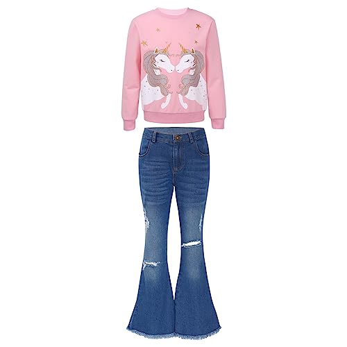 inlzdz Kinder Mädchen Freizeitkleidung Sweatshirt Hoodie mit Jeanshose Denim Schlaghose Glockenhose Schlagjeans Sommer Kleidung Set Typ B Rosa 110-116 von inlzdz