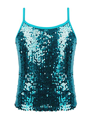 inlzdz Kinder Mädchen Glänzend Tank Top Camisole Glitzer Pailletten Trägertop Unterhemd Tanz Top T-Shirt Rave Party Top Performance Kostüm Gr.110-152 See Blau 122-128 von inlzdz