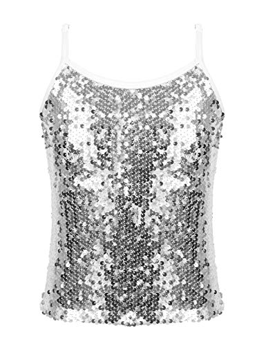 inlzdz Kinder Mädchen Glänzend Tank Top Camisole Glitzer Pailletten Trägertop Unterhemd Tanz Top T-Shirt Rave Party Top Performance Kostüm Gr.110-152 Weiß 134-140 von inlzdz