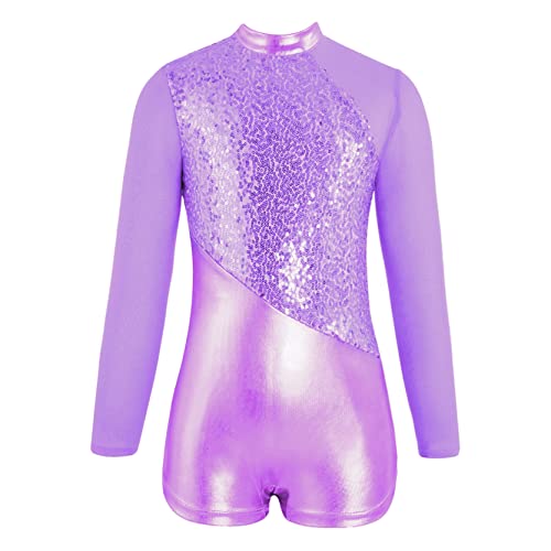 inlzdz Kinder Mädchen Glänzendes Pailletten Turnbody Tanzbody Mesh Langarm Ballettanzug Gymnastikbody mit Reißverschluss Ballettanzug Tanzkleidung Violett 164 von inlzdz