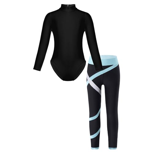 inlzdz Turnanzug Mädchen Gymnastikanzug Zweiteiler Trikot Leotard mit Leggings Turnbody Gymnastik Tanzbody Trainingsanzug Ballettanzug Tanzbekleidung Hellblau 134-140 von inlzdz