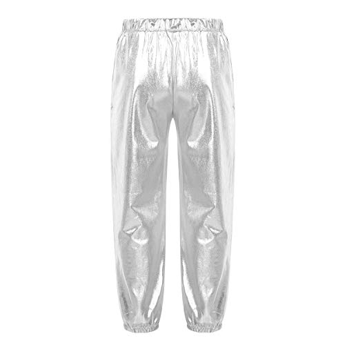 inlzdz Kinder Mädchen Lang Hosen Glänzend Leggings Metallic Tanzhose Hip Hop Hose Hohe Taille Jazz Tanz Fasching Sport Kostüme Silber 110-116 von inlzdz