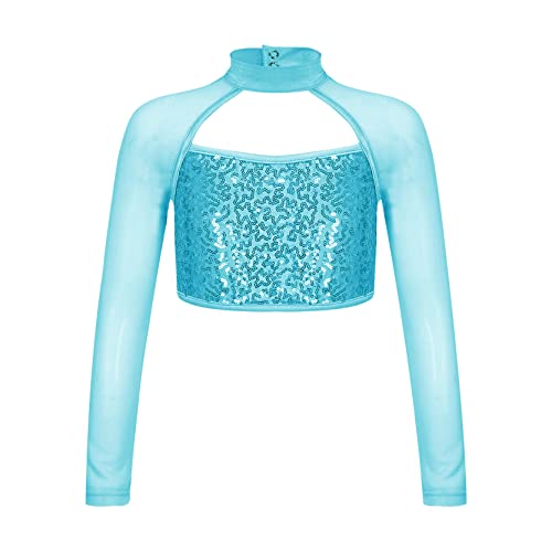 inlzdz Kinder Mädchen Pailletten Crop Top Glänzende Langarm Ballett Oberteil Bauchfrei Tanz Shirt Langarmshirt Mesh Unterhemd Yoga Sport Shirts Tanzkostüm Hellblau 158-164 von inlzdz