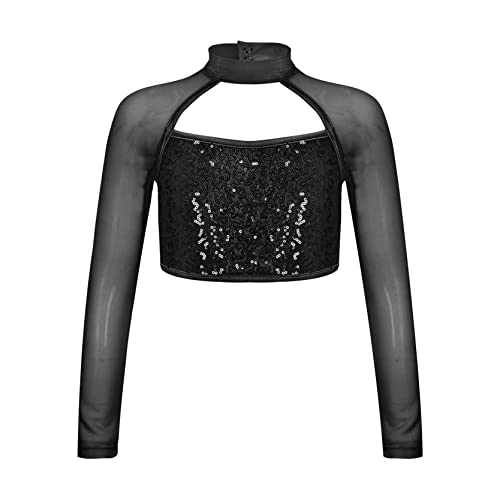 inlzdz Kinder Mädchen Pailletten Crop Top Glänzende Langarm Ballett Oberteil Bauchfrei Tanz Shirt Langarmshirt Mesh Unterhemd Yoga Sport Shirts Tanzkostüm Schwarz 146-152 von inlzdz