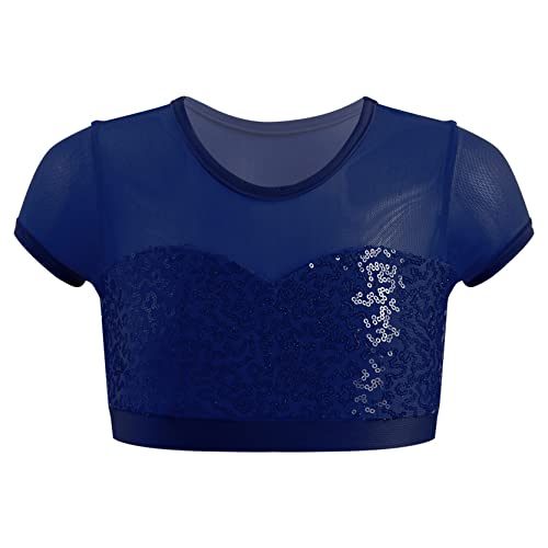 inlzdz Kinder Mädchen Pailletten Crop Top Kurzarm Unterhemd Yoga Sport Oberteil Bauchfrei Tanztop Sommer T-Shirt Gymnastik Ballett Tanz Tops Tanzkostüm Dunkelblau 158-164 von inlzdz