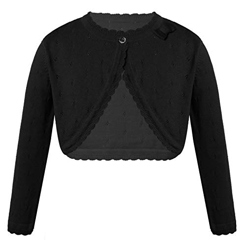 inlzdz Kinder Mädchen Strickjacke Langarm Basic Bolero Rundhals Schulterjacke Cardigan Shrug Top Zum Kommunionkleid Partykleid Taufkleid Bolerojäckche Einfarbig Schwarz 110-116 von inlzdz