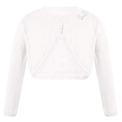 inlzdz Kinder Mädchen Strickjacke Langarm Basic Bolero Rundhals Schulterjacke Cardigan Shrug Top Zum Kommunionkleid Partykleid Taufkleid Bolerojäckche Einfarbig Weiß 86-92 von inlzdz