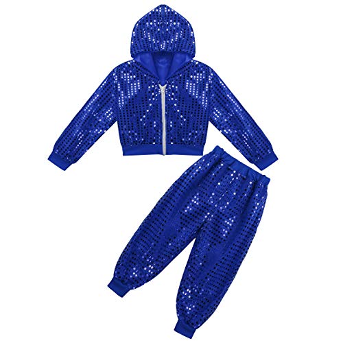 inlzdz Kinder Pailletten Tanzkleidung Set Mädchen Jungen Langarm Glitzer Jacke mit Tanz Hose Glänzend Jazz Hip Hop Dancewear Performance Tanzkostüm Blau 122-128 von inlzdz