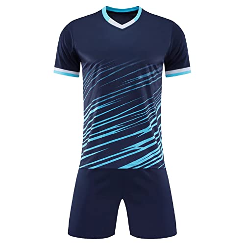 inlzdz Kinder Trainingsanzug Jogginganzug Zweiteiliger Kurzarm Sportshirt Laufshirt Shorts Set Kurze Sporthose Jogginghose Sommer Sportbekleidung Fitness Sport Outfits Dunkelblau 104-110 von inlzdz