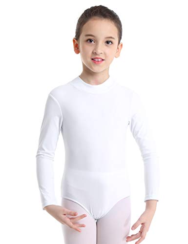 inlzdz Mädchen Ballettanzug Langarm Tanz Body Ballett Trikot mit Stehkragen Turnanzug Leotard Top Sport Training Gymnastikanzug Gr.98-152 Weiß 158-164 von inlzdz