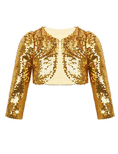 inlzdz Mädchen Bolero Pailletten Schulterjacke Kinder Festlich Glitzer Jäckchen Cardigan Top für Karneval Fasching Party Outfit Gold/Silber Gold 128-134 von inlzdz