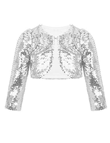 inlzdz Mädchen Bolero Pailletten Schulterjacke Kinder Festlich Glitzer Jäckchen Cardigan Top für Karneval Fasching Party Outfit Gold/Silber Silber 110-116 von inlzdz