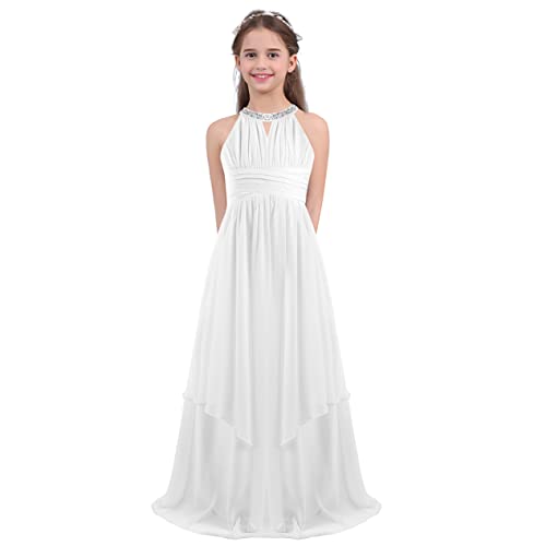 inlzdz Mädchen Chiffon Prinzessin Partykleid Festlich Neckholder Blumenmädchen Kleid mit 2 Lage Unregelmäßig Rock Geburtstag Hochzeit Kommunionkleid Elfenbein 134-140 von inlzdz