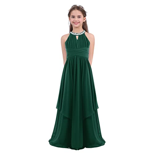 inlzdz Mädchen Chiffon Prinzessin Partykleid Festlich Neckholder Blumenmädchen Kleid mit 2 Lage Unregelmäßig Rock Geburtstag Hochzeit Kommunionkleid Grün 134-140 von inlzdz