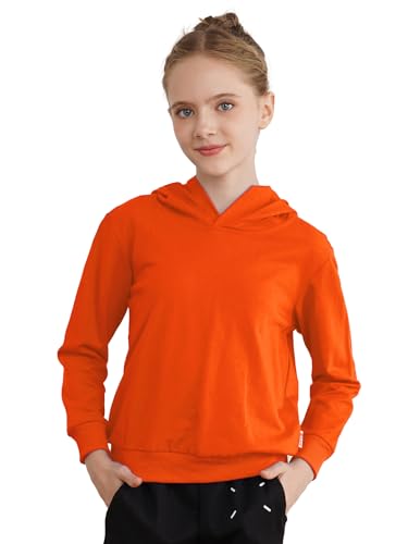 inlzdz Mädchen Einfarbig Hoodie Pullover Top Langarm Kapuzenpullover Sweatshirt Langarmshirt Kapuzenpulli Sport Jumper Orange 146-152 von inlzdz