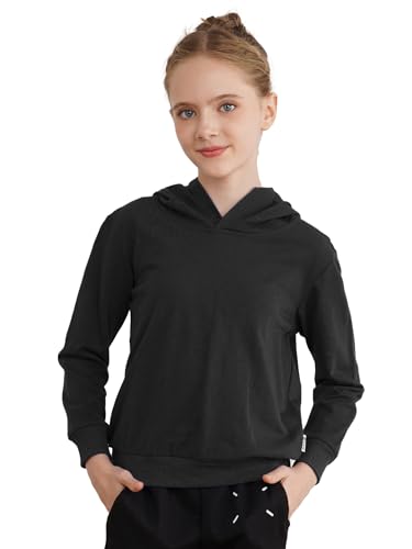 inlzdz Mädchen Einfarbig Hoodie Pullover Top Langarm Kapuzenpullover Sweatshirt Langarmshirt Kapuzenpulli Sport Jumper Schwarz 134-140 von inlzdz