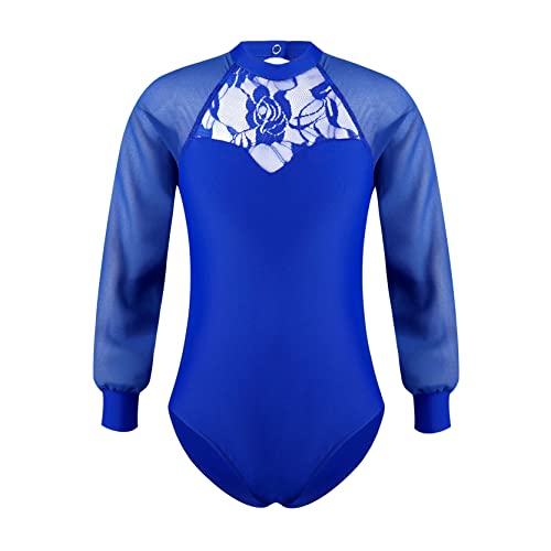 inlzdz Mädchen Einteiler Ballett Trikot Body Gymnastik Leotard Spitze Bodysuit Lange Ärmel Tanzbody Turnbody Gymnastikanzug Ballettanzug Royal_Blau 122-128 von inlzdz