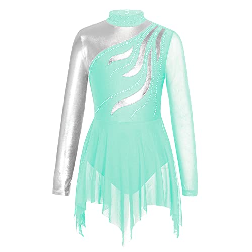 inlzdz Mädchen Glänzende Ballettkleid Tanzkleider Langarm Gymnastik Leotard Top Glitzer Ballett Body mit Mesh Asymmetrisch Rock Ballettkleidung Turnanzug Blau-Grün 122-128 von inlzdz