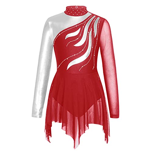 inlzdz Mädchen Glänzende Ballettkleid Tanzkleider Langarm Gymnastik Leotard Top Glitzer Ballett Body mit Mesh Asymmetrisch Rock Ballettkleidung Turnanzug Burgundy 146-152 von inlzdz